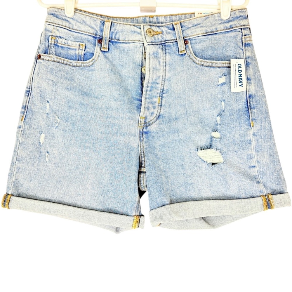 Old Navy Women Distressed Stretch Straight High Rise Buttons Blue Shorts 10 NWT